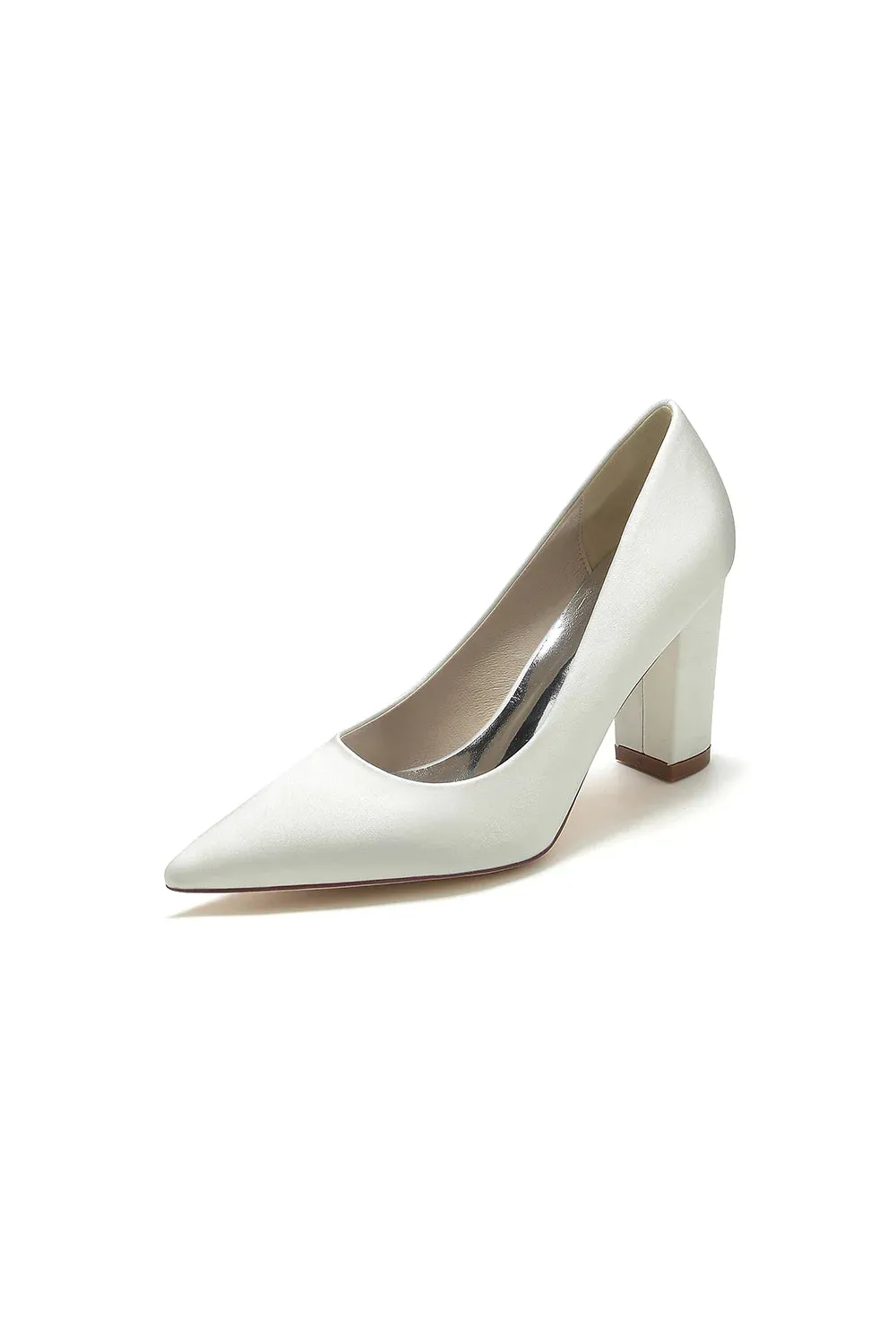 Pointed Toe Slip-on Satin Chunky Heels