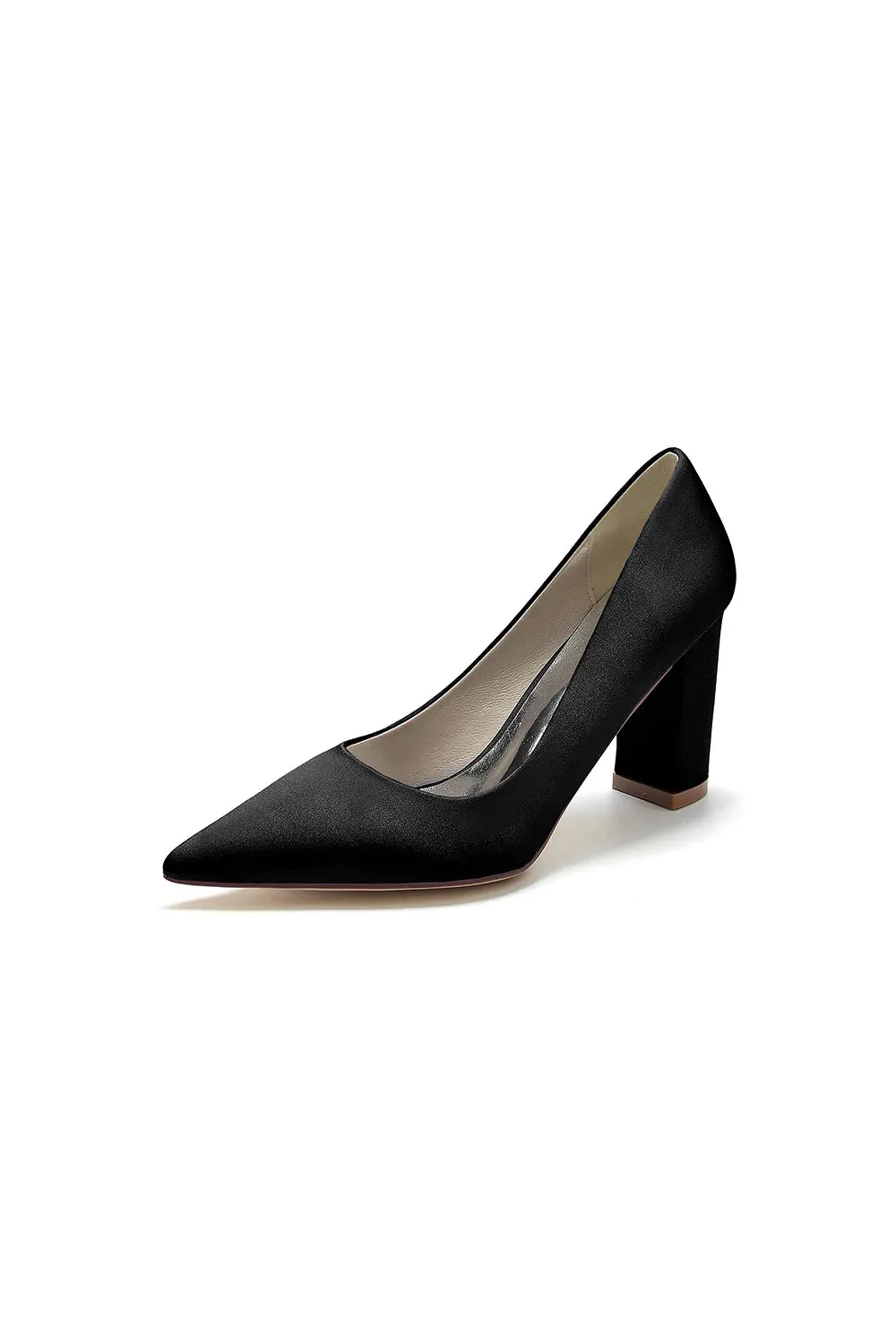 Pointed Toe Slip-on Satin Chunky Heels