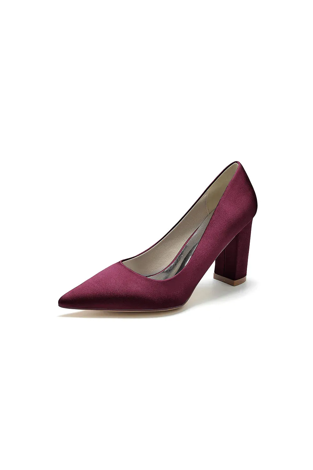 Pointed Toe Slip-on Satin Chunky Heels