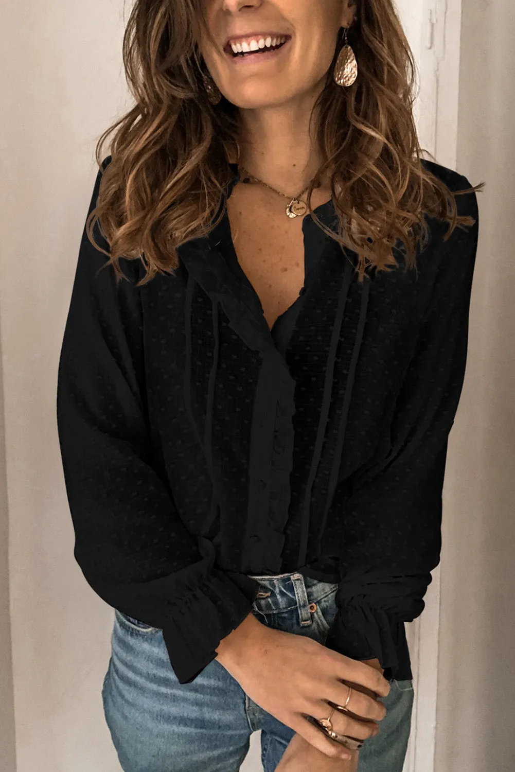 Polka Dot Ruffled Buttoned Shirt