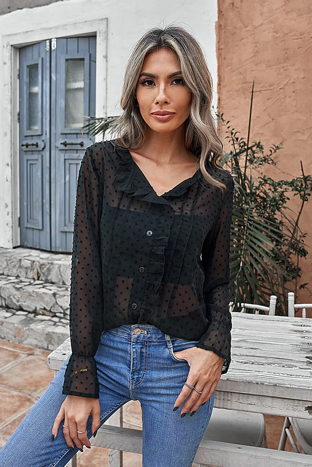 Polka Dot Ruffled Buttoned Shirt