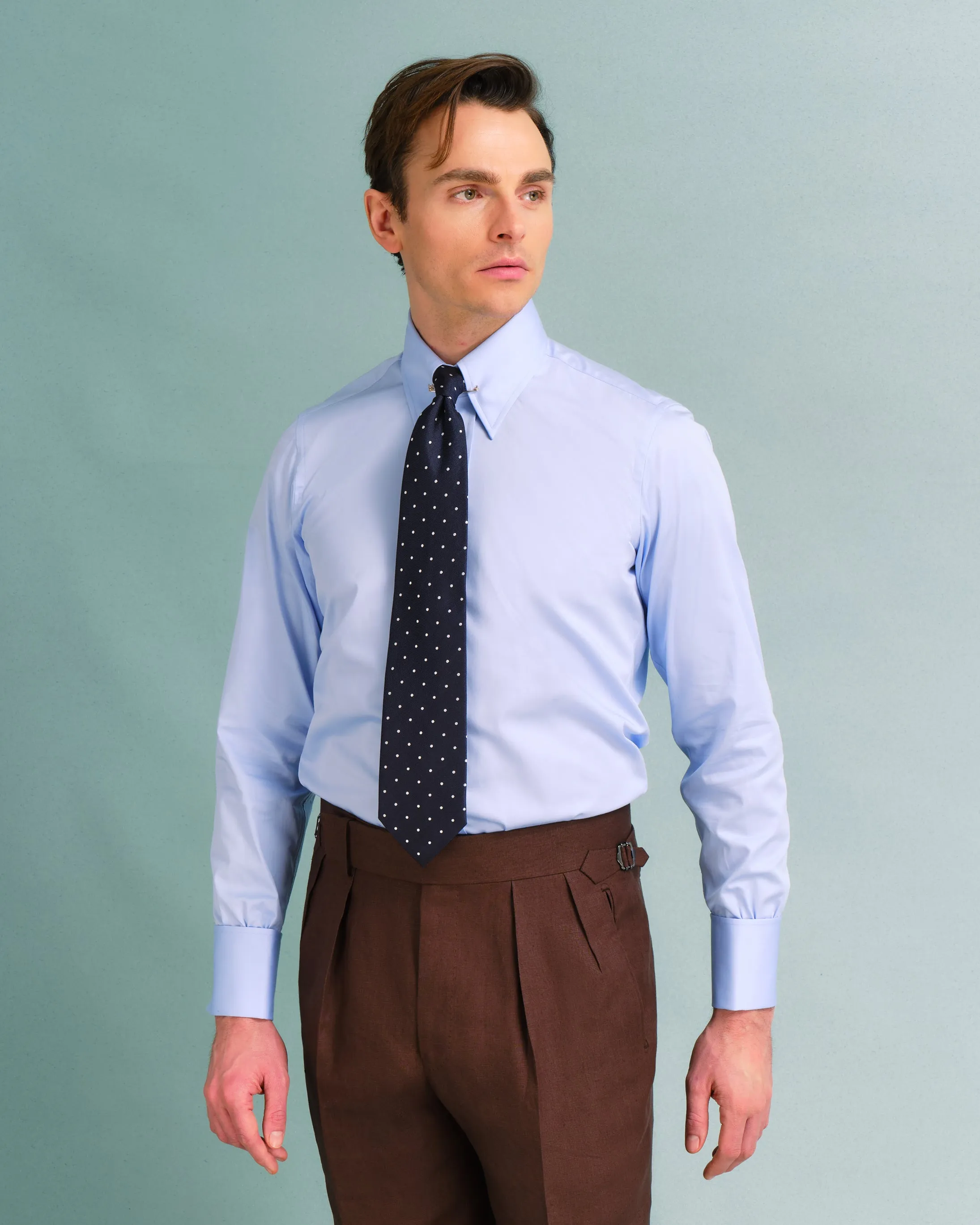 Powder Blue Pin Collar Shirt with Button Cuffs