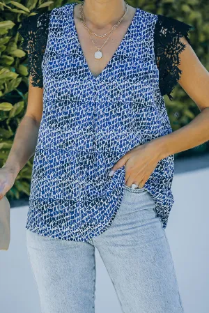 Print Lace Shoulder Tank Top