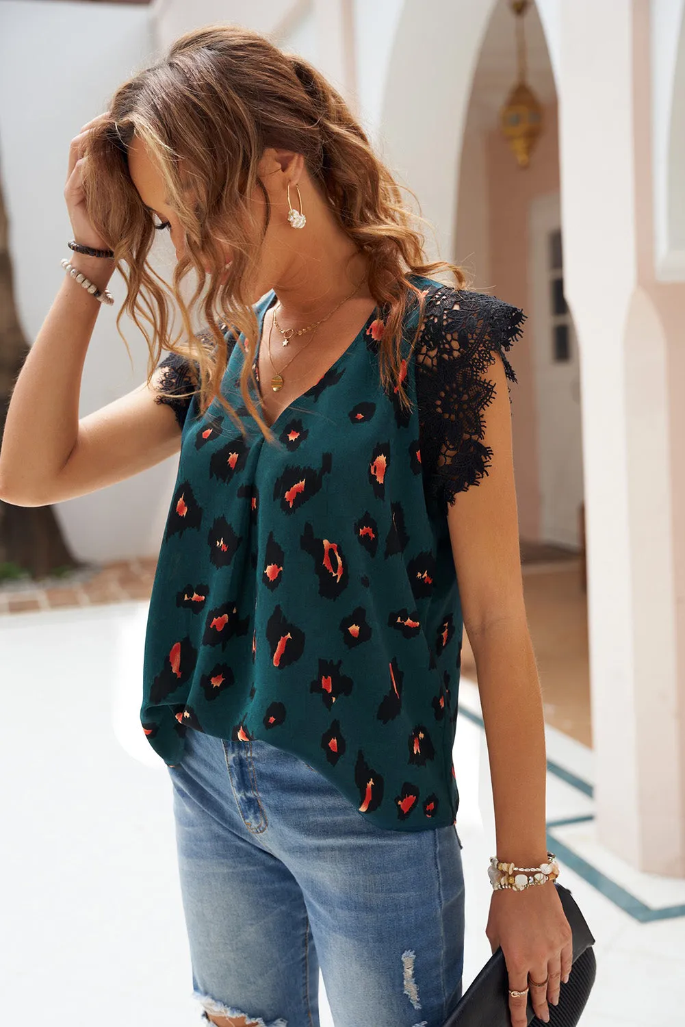 Print Lace Shoulder Tank Top