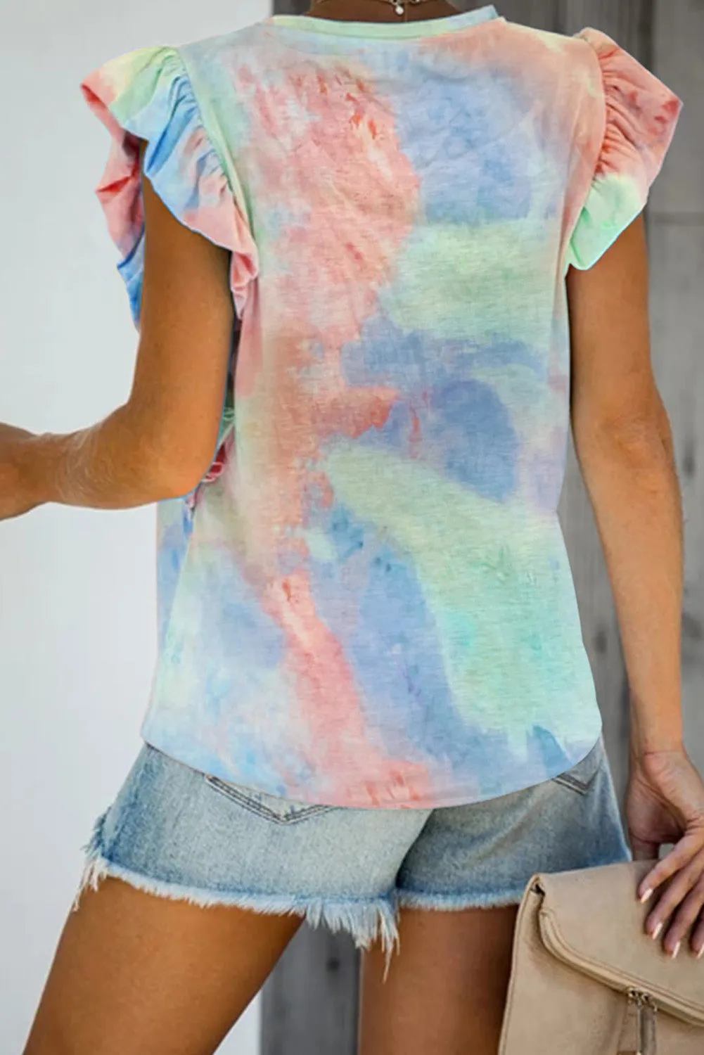 Print Ruffled Cap Sleeve T-shirt