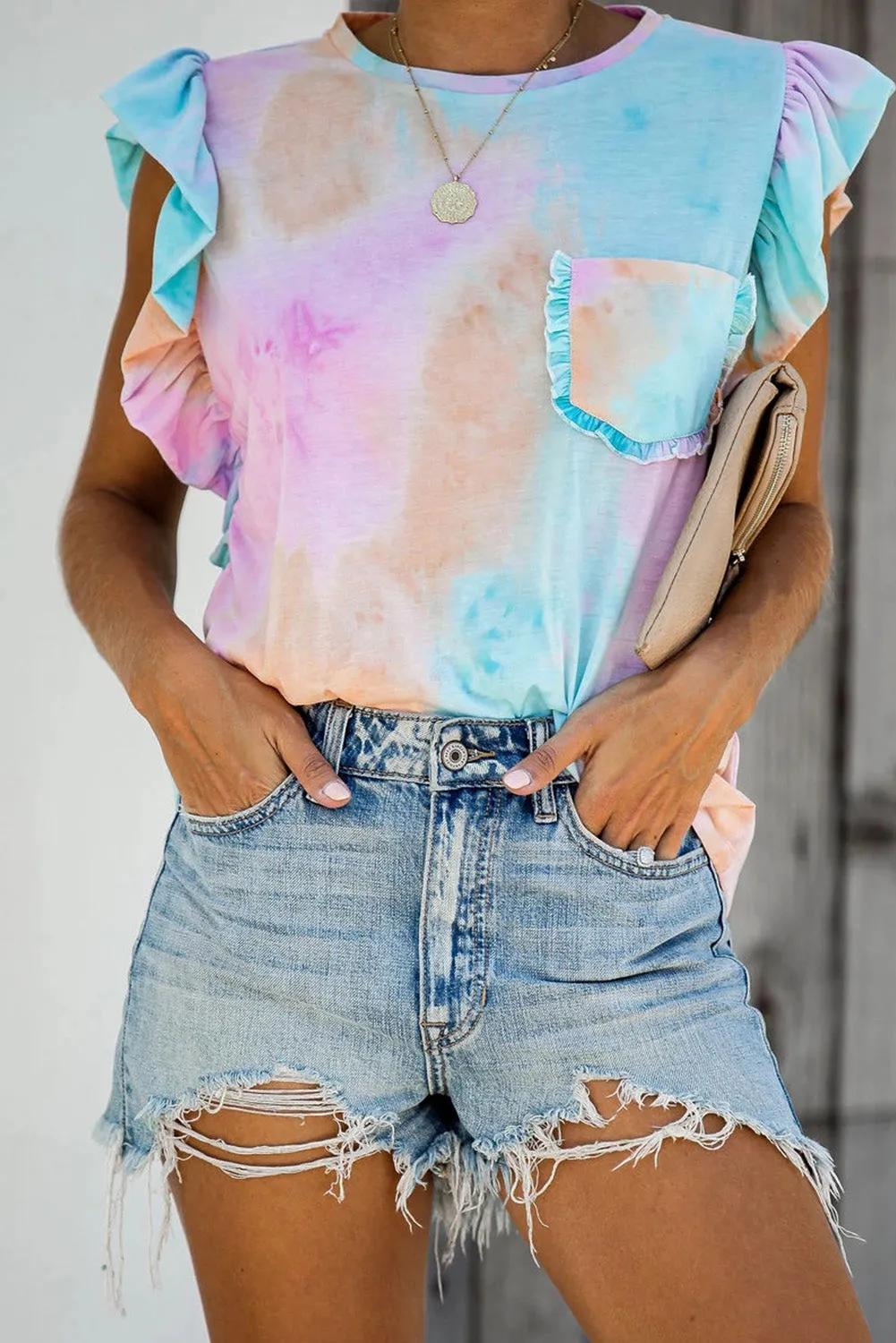 Print Ruffled Cap Sleeve T-shirt