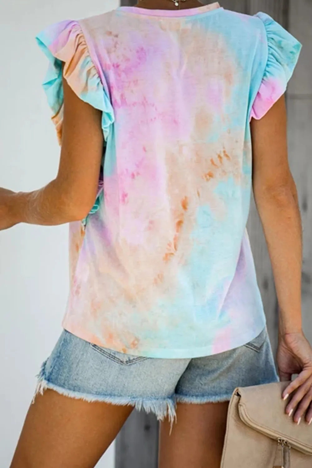Print Ruffled Cap Sleeve T-shirt