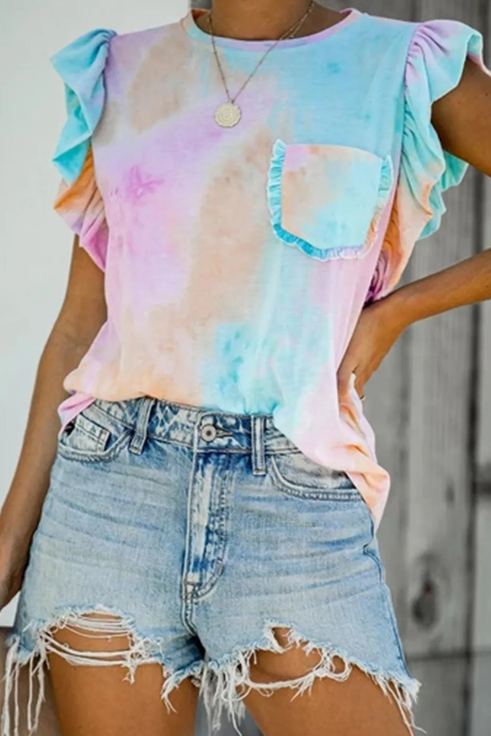 Print Ruffled Cap Sleeve T-shirt