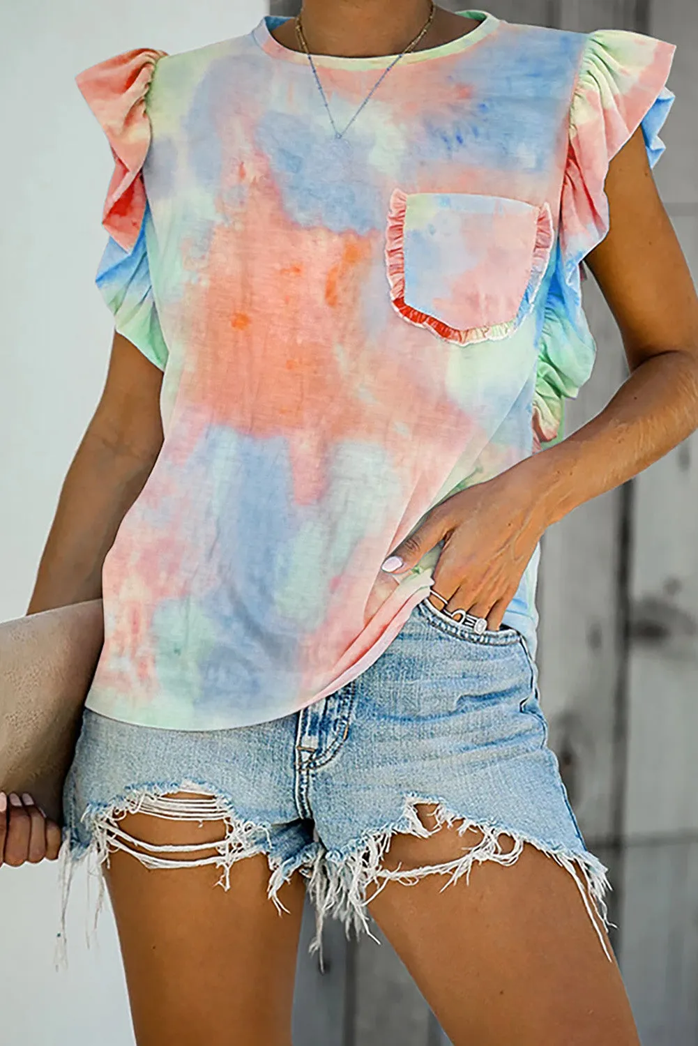 Print Ruffled Cap Sleeve T-shirt