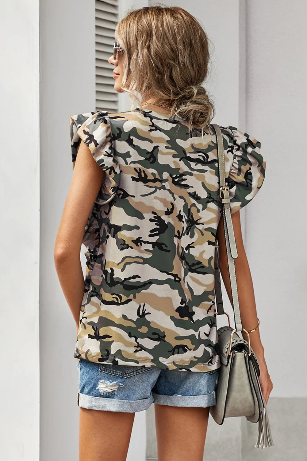 Print Ruffled Cap Sleeve T-shirt