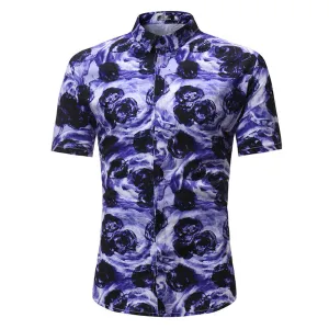 Purple Floral check Mens Short Sleeve Button up Shirts - Tailored Slim Fit Cotton Dress Shirts