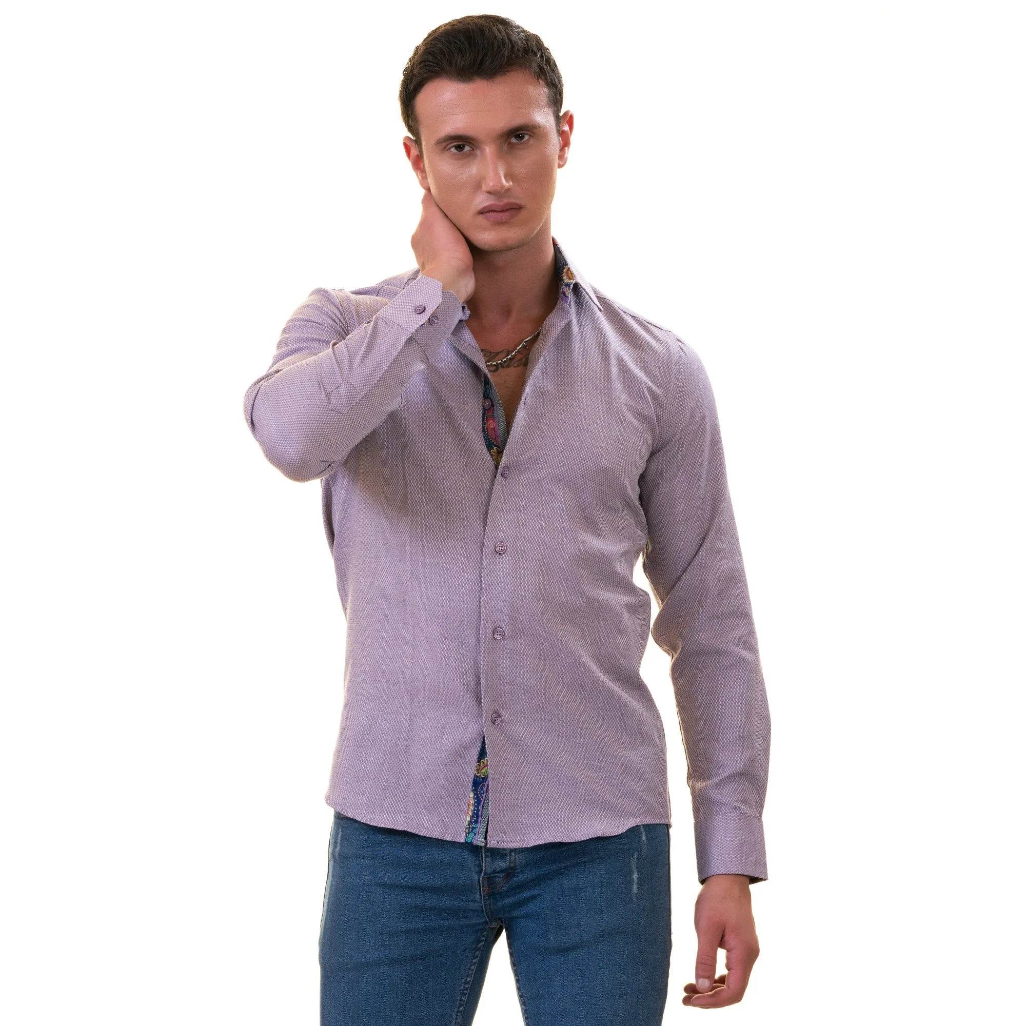 Purple Jackquard Men's  Slim Fit Designer Dress Shirt - Tailored