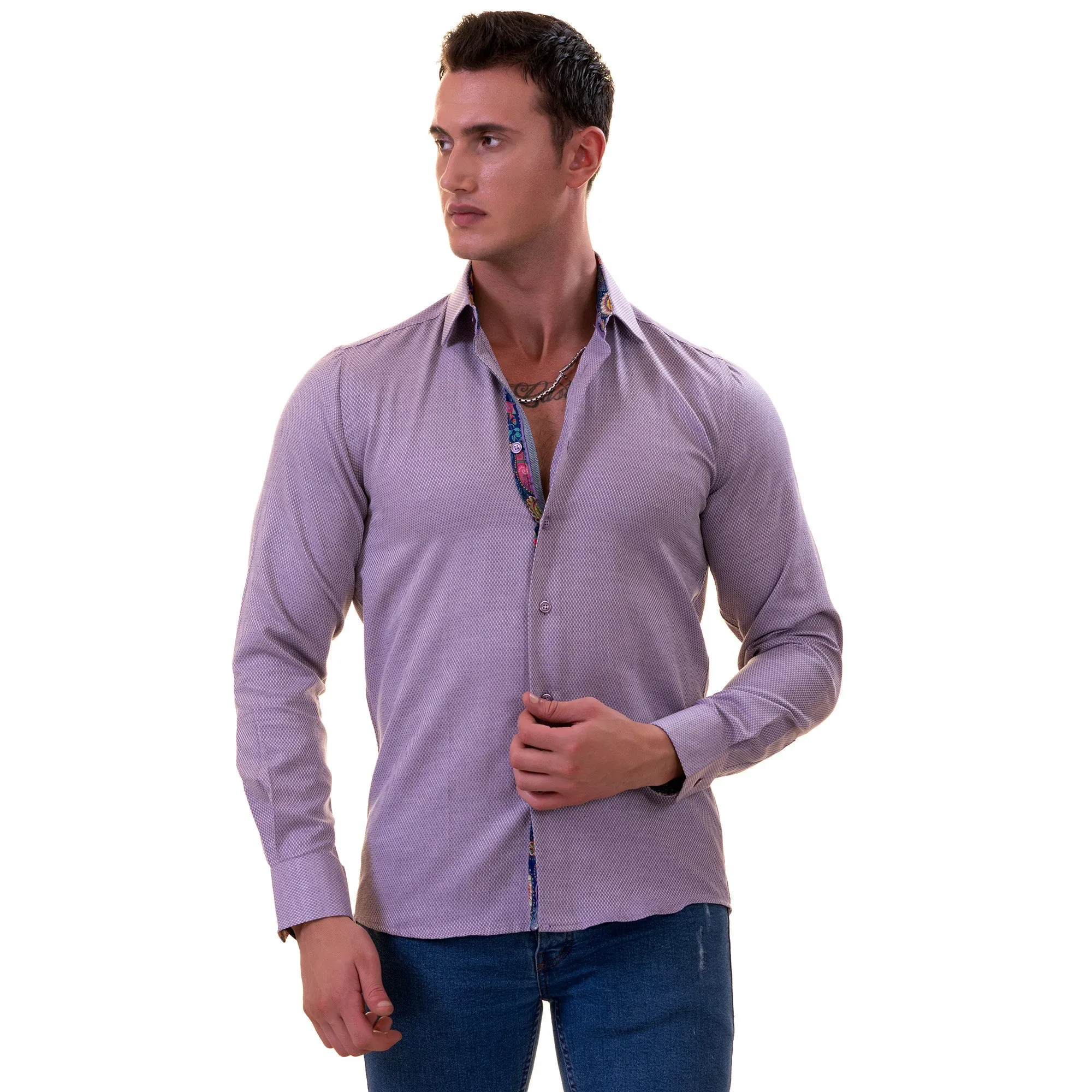 Purple Jackquard Men's  Slim Fit Designer Dress Shirt - Tailored