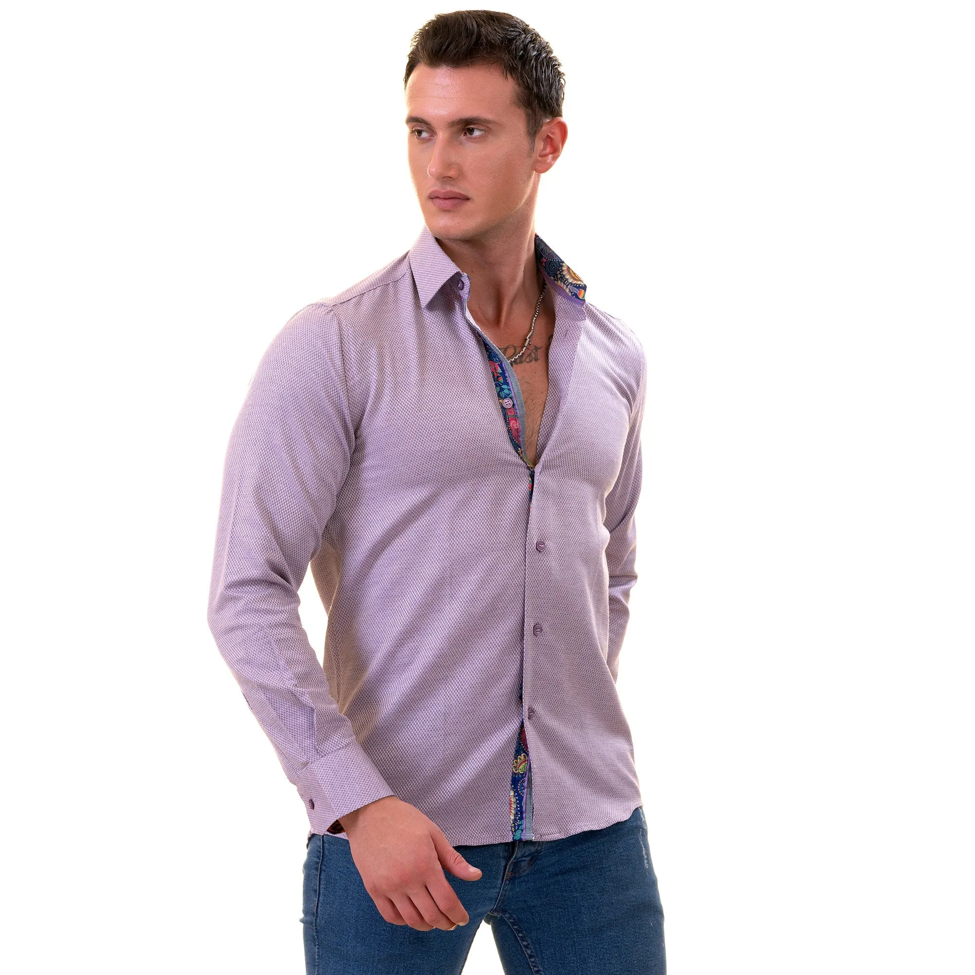 Purple Jackquard Men's  Slim Fit Designer Dress Shirt - Tailored