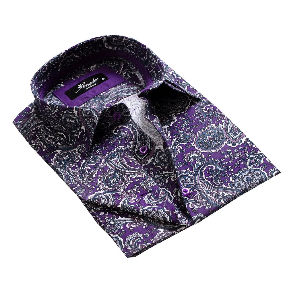 Purple Paisley Design Mens Slim Fit French Cuff Shirts with Cufflink Holes - Casual and Formal