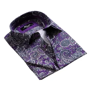 Purple Paisley Design Mens Slim Fit French Cuff Shirts with Cufflink Holes - Casual and Formal
