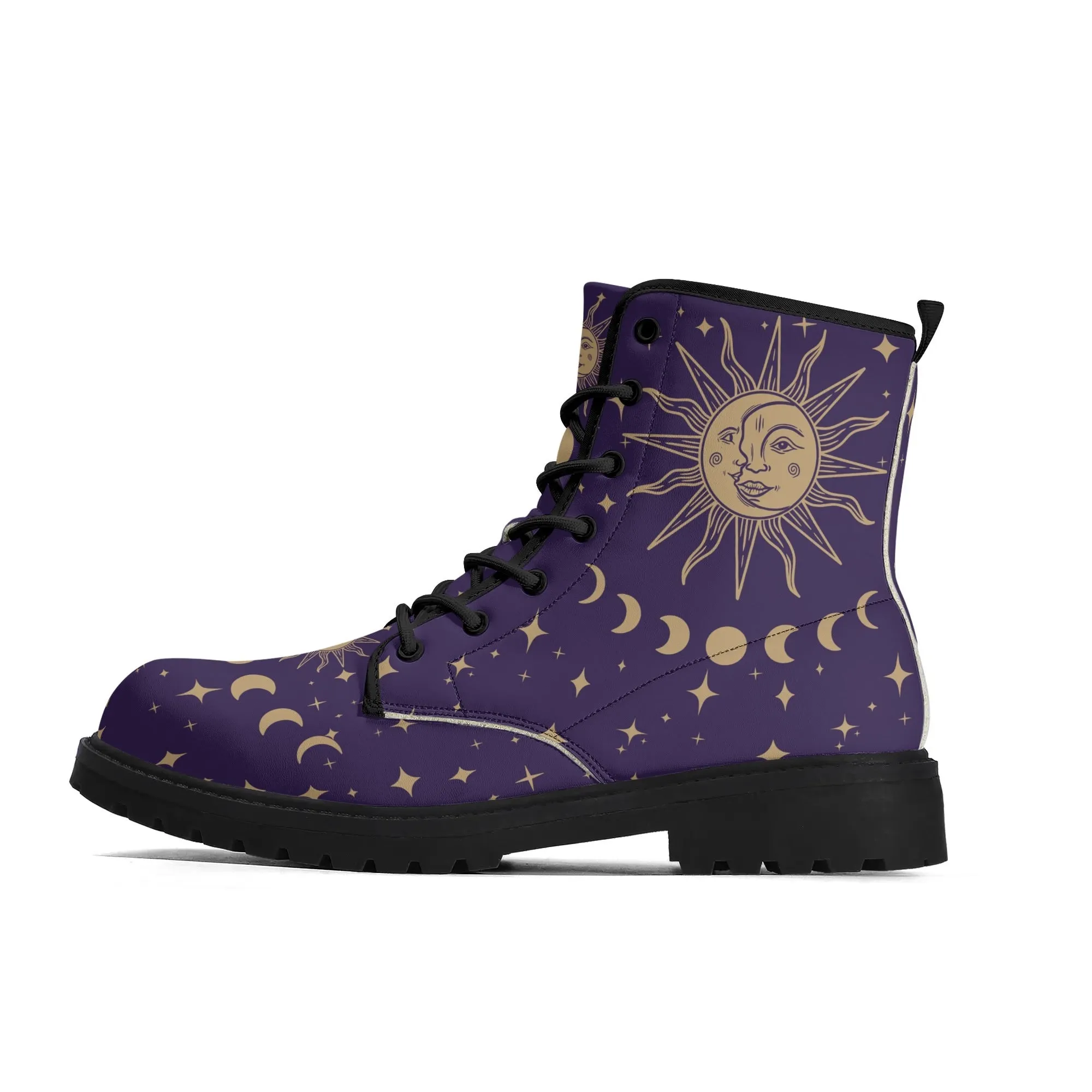 Purple Sun and Moon Womens Vegan Combat Boots