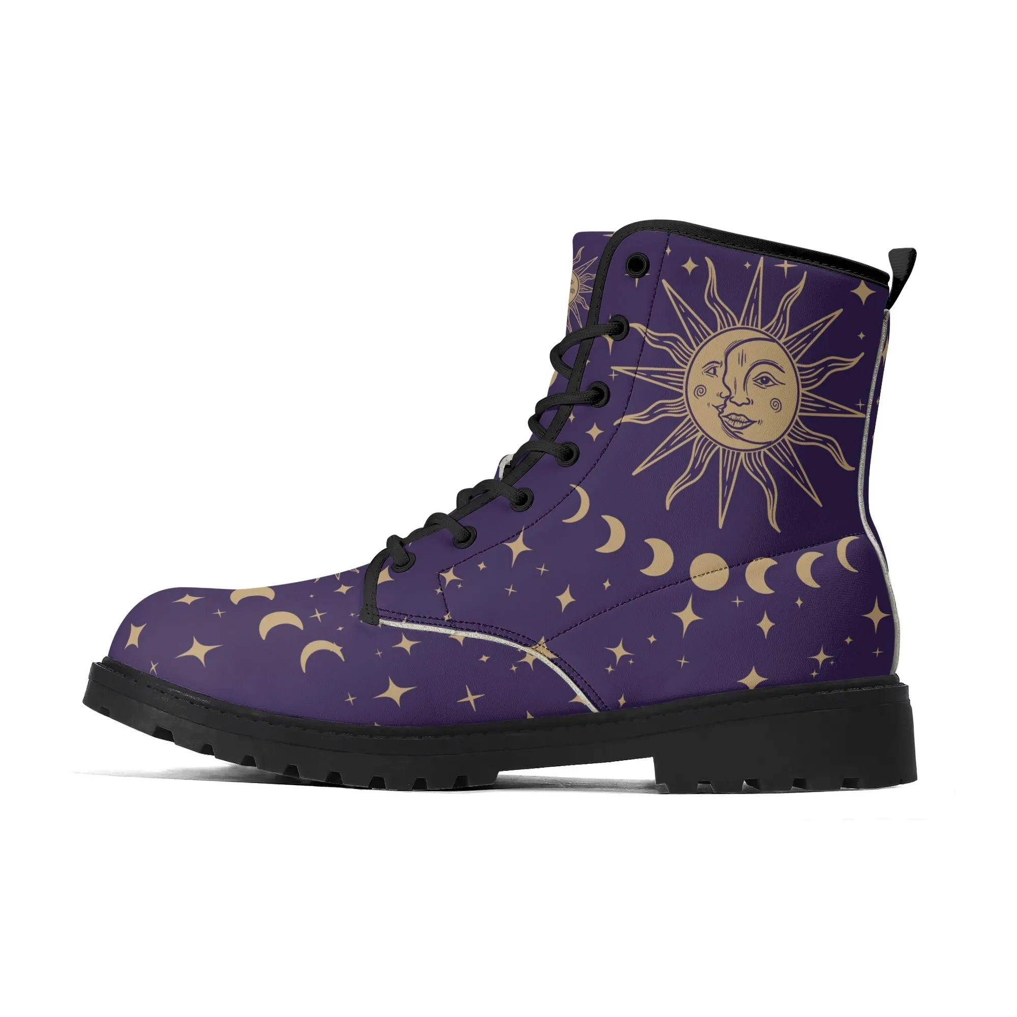 Purple Sun and Moon Womens Vegan Combat Boots