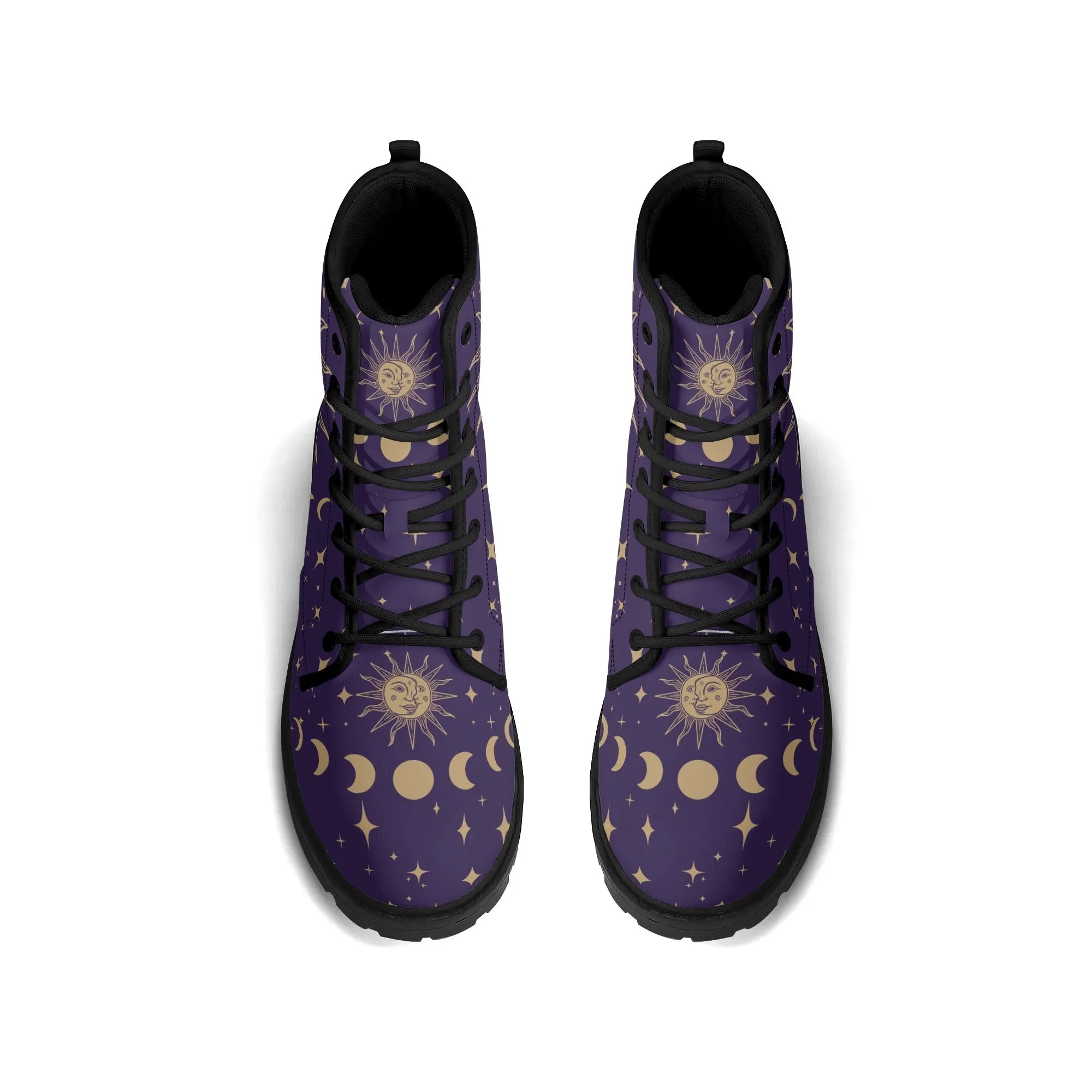 Purple Sun and Moon Womens Vegan Combat Boots