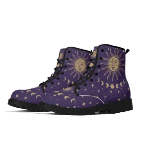 Purple Sun and Moon Womens Vegan Combat Boots