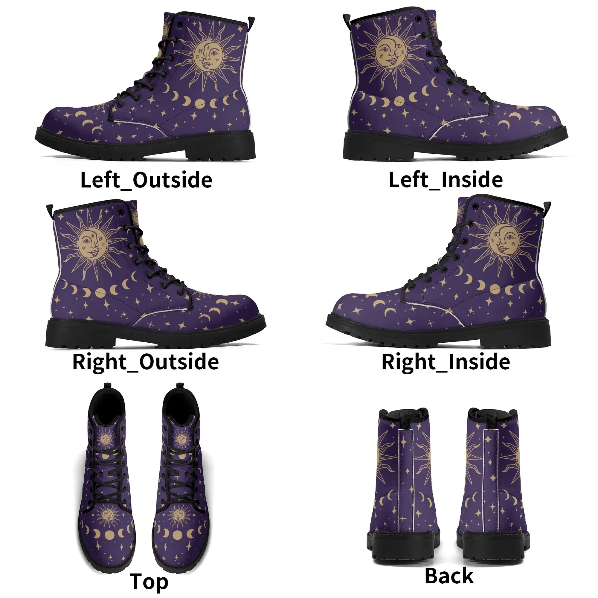 Purple Sun and Moon Womens Vegan Combat Boots