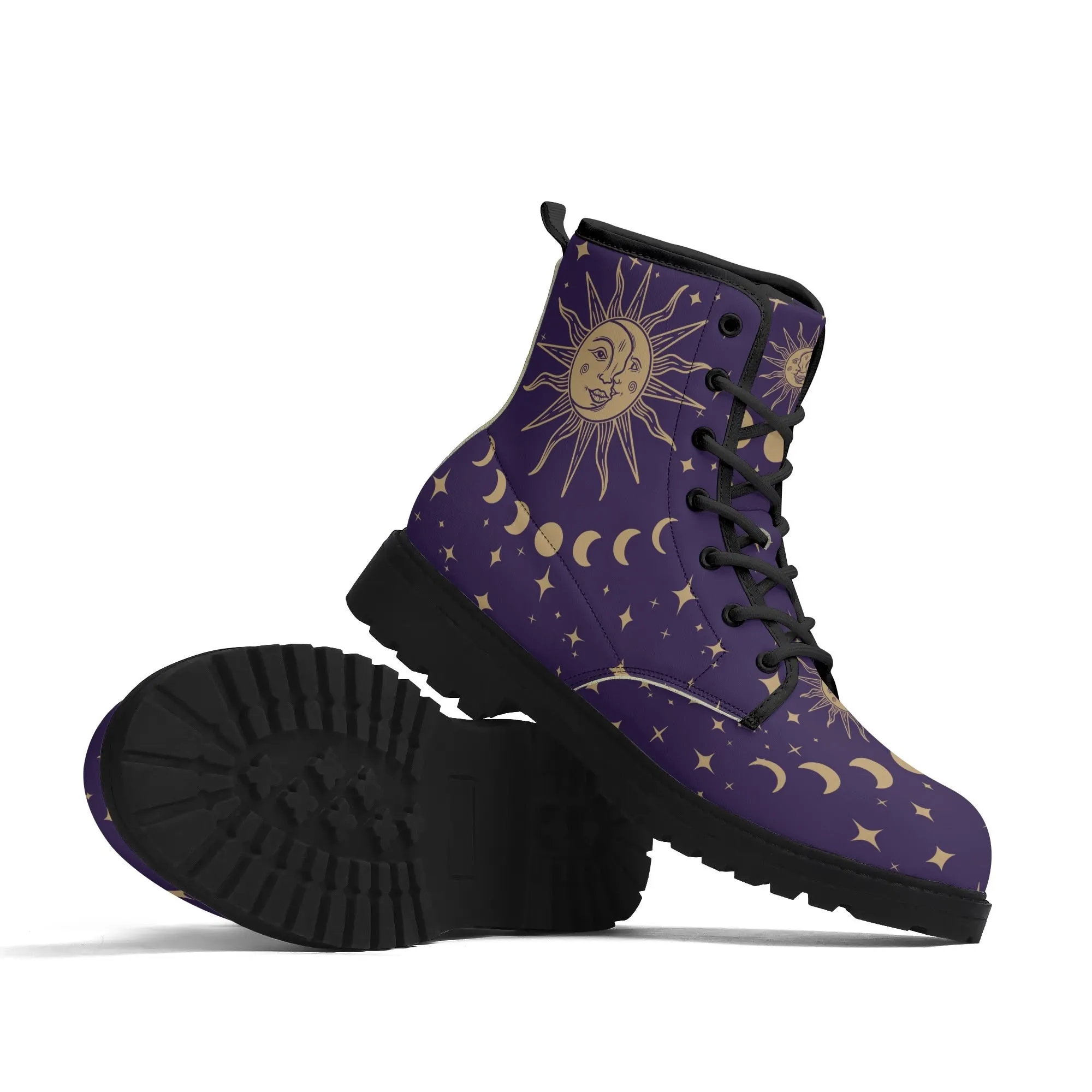Purple Sun and Moon Womens Vegan Combat Boots