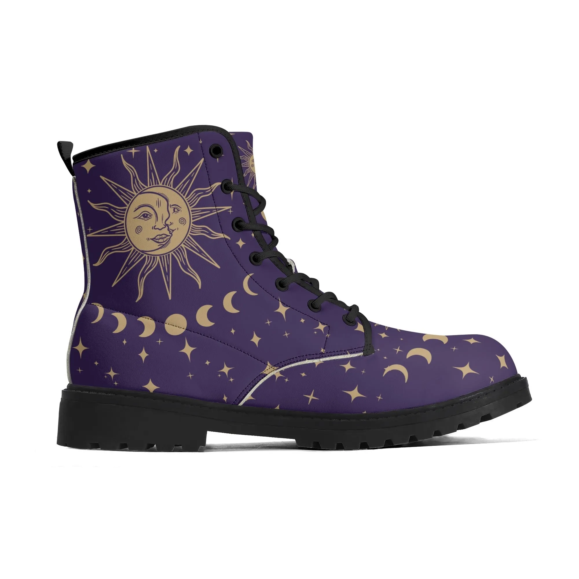 Purple Sun and Moon Womens Vegan Combat Boots