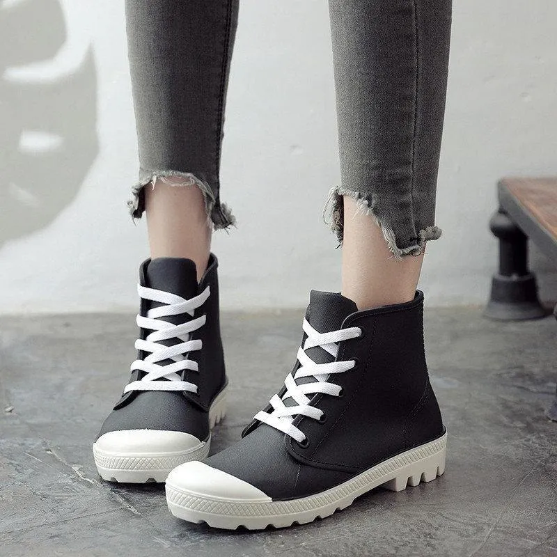 Rainboots Lace-up Waterproof Girls Ankle Boots PVC Anti-slip Spring Autumn Rain Shoes Botas Mujer