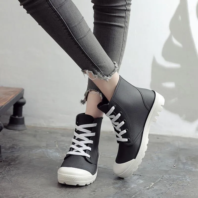 Rainboots Lace-up Waterproof Girls Ankle Boots PVC Anti-slip Spring Autumn Rain Shoes Botas Mujer