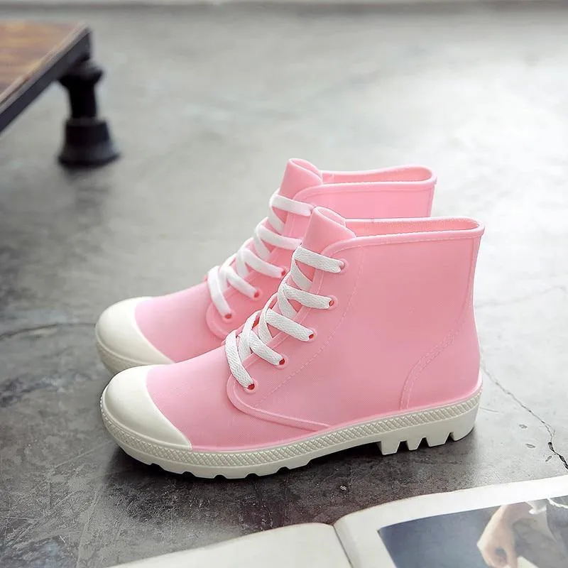 Rainboots Lace-up Waterproof Girls Ankle Boots PVC Anti-slip Spring Autumn Rain Shoes Botas Mujer
