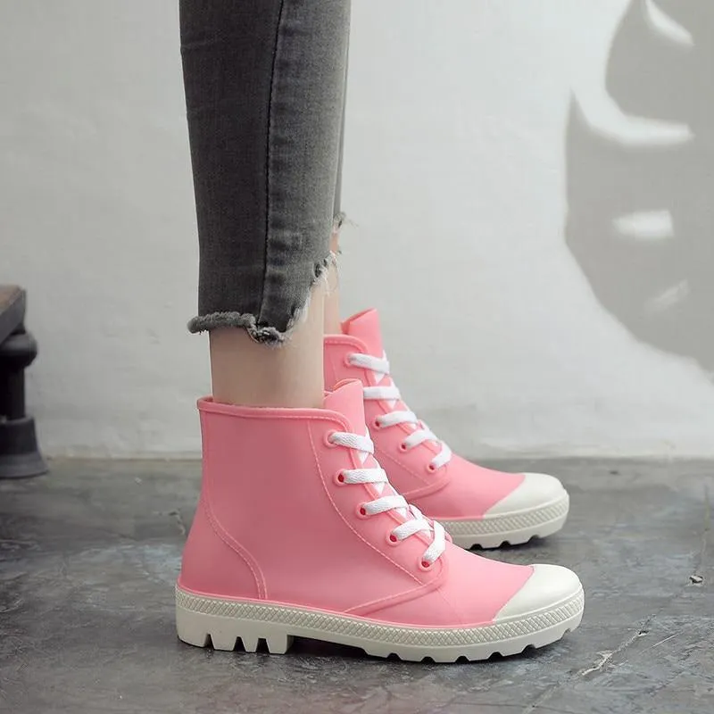 Rainboots Lace-up Waterproof Girls Ankle Boots PVC Anti-slip Spring Autumn Rain Shoes Botas Mujer