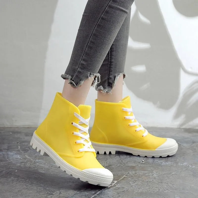 Rainboots Lace-up Waterproof Girls Ankle Boots PVC Anti-slip Spring Autumn Rain Shoes Botas Mujer