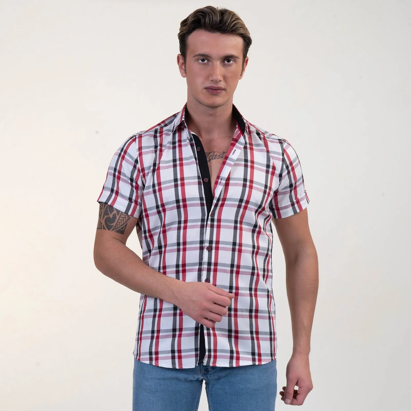 Red Black White Checkered Mens Short Sleeve Button up Shirts -