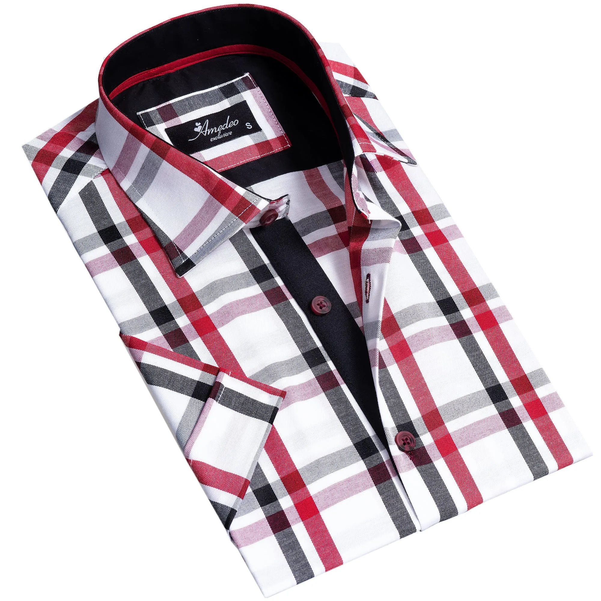Red Black White Checkered Mens Short Sleeve Button up Shirts -