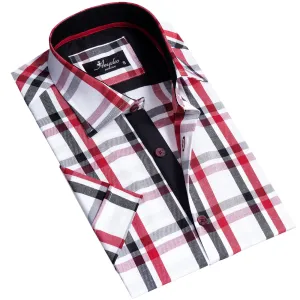 Red Black White Checkered Mens Short Sleeve Button up Shirts -