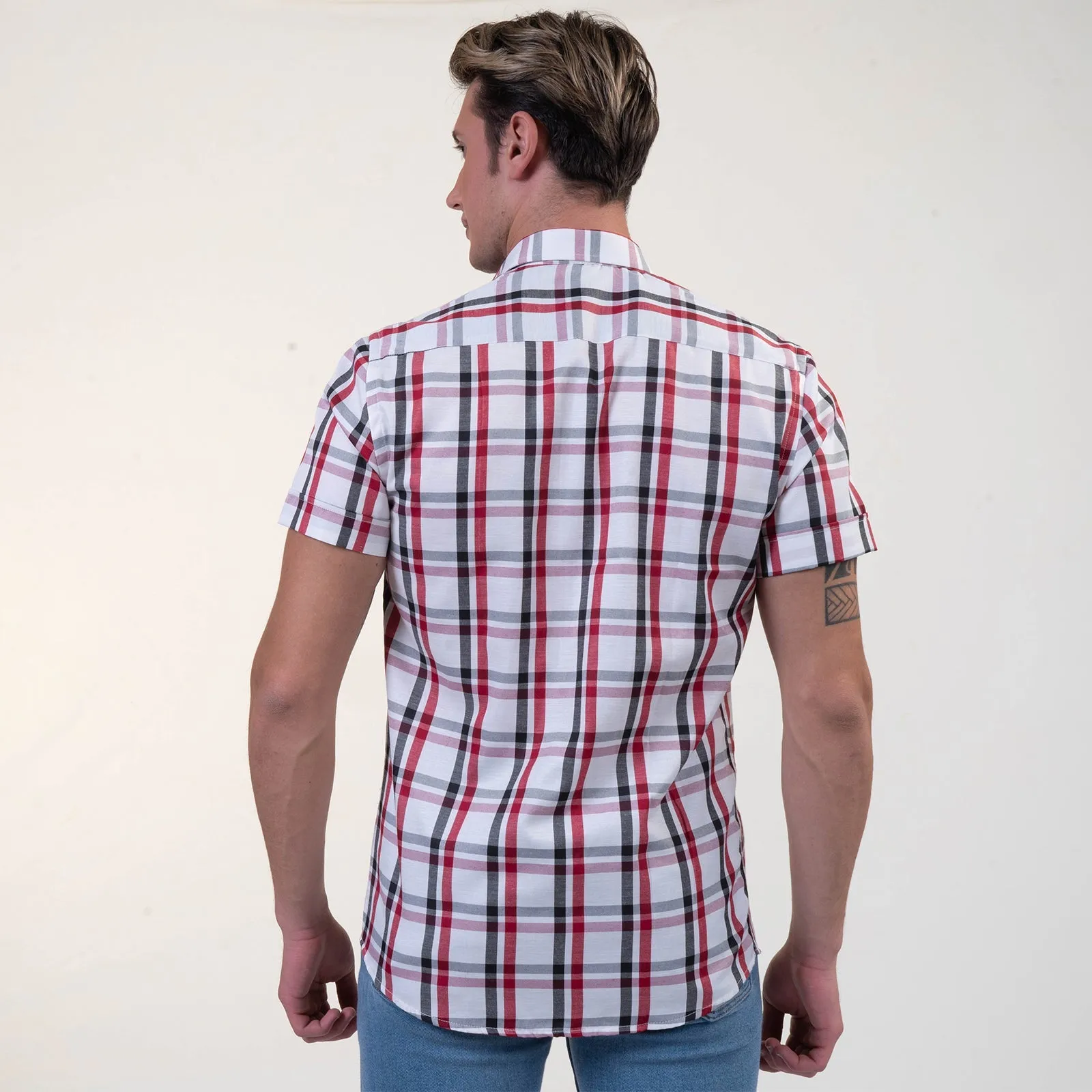 Red Black White Checkered Mens Short Sleeve Button up Shirts -