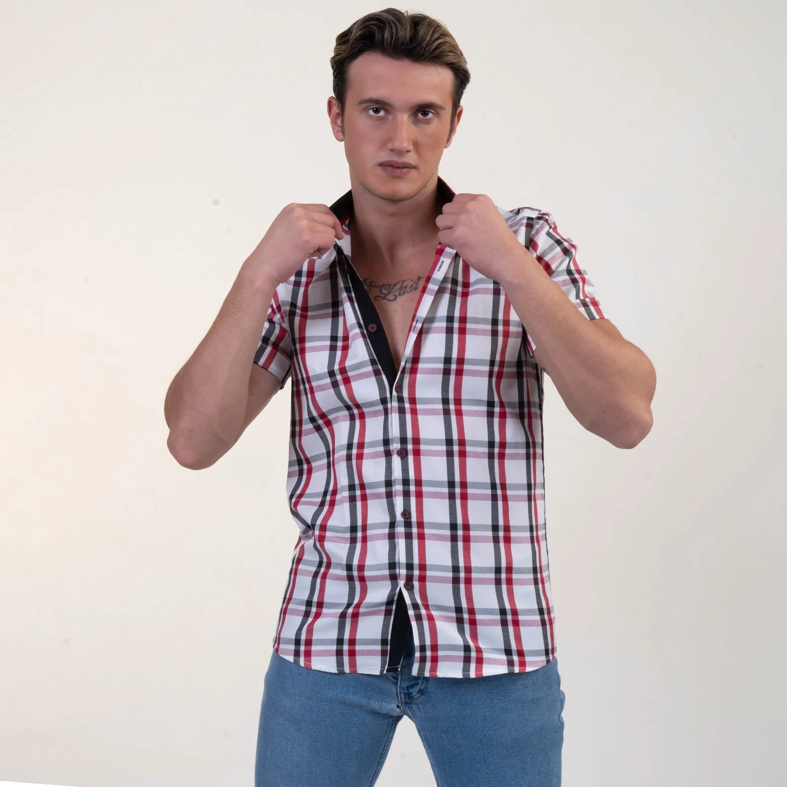 Red Black White Checkered Mens Short Sleeve Button up Shirts -