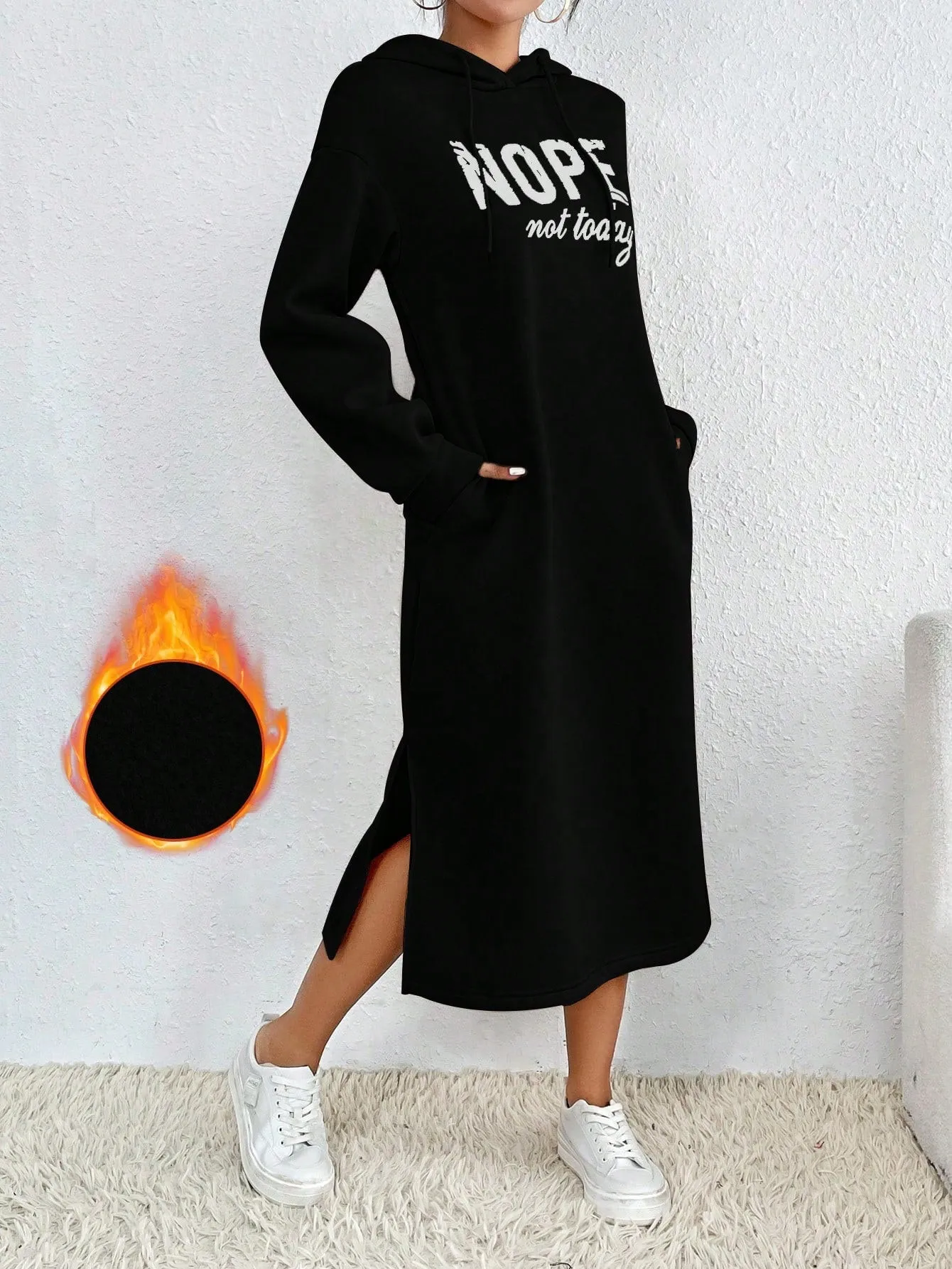 Relaxiva Casual Letter Print Side Slit Drawstring Hoodie Sweatshirt For Autumn/Winter