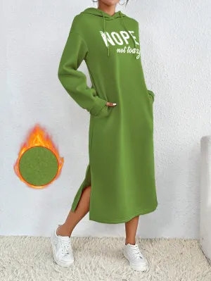 Relaxiva Casual Letter Print Side Slit Drawstring Hoodie Sweatshirt For Autumn/Winter
