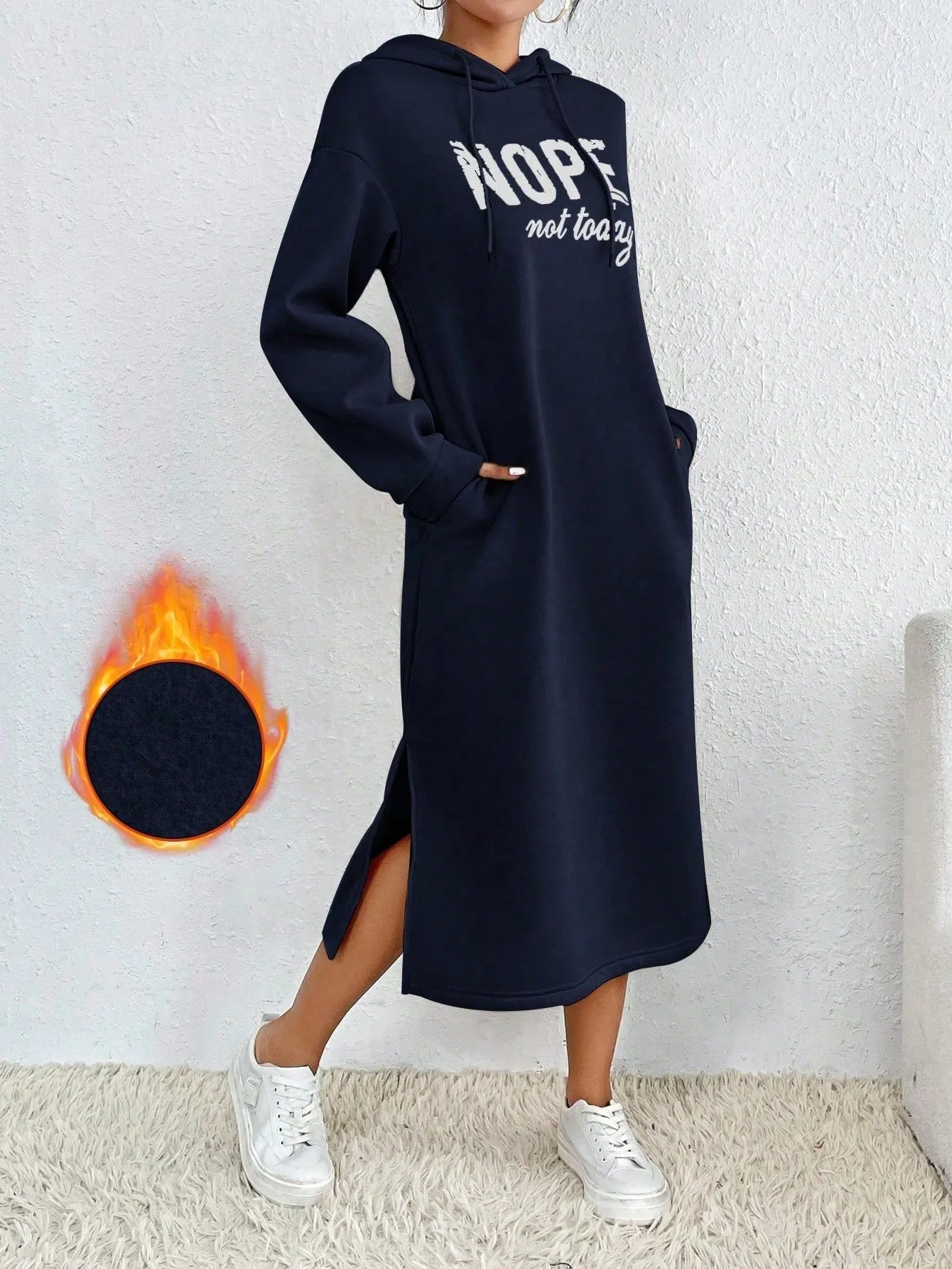 Relaxiva Casual Letter Print Side Slit Drawstring Hoodie Sweatshirt For Autumn/Winter