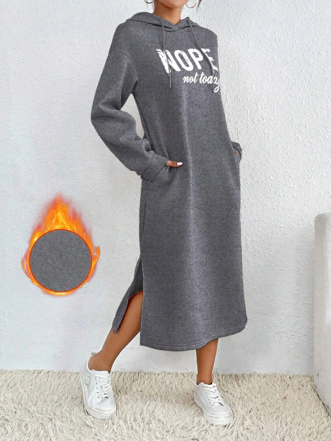 Relaxiva Casual Letter Print Side Slit Drawstring Hoodie Sweatshirt For Autumn/Winter