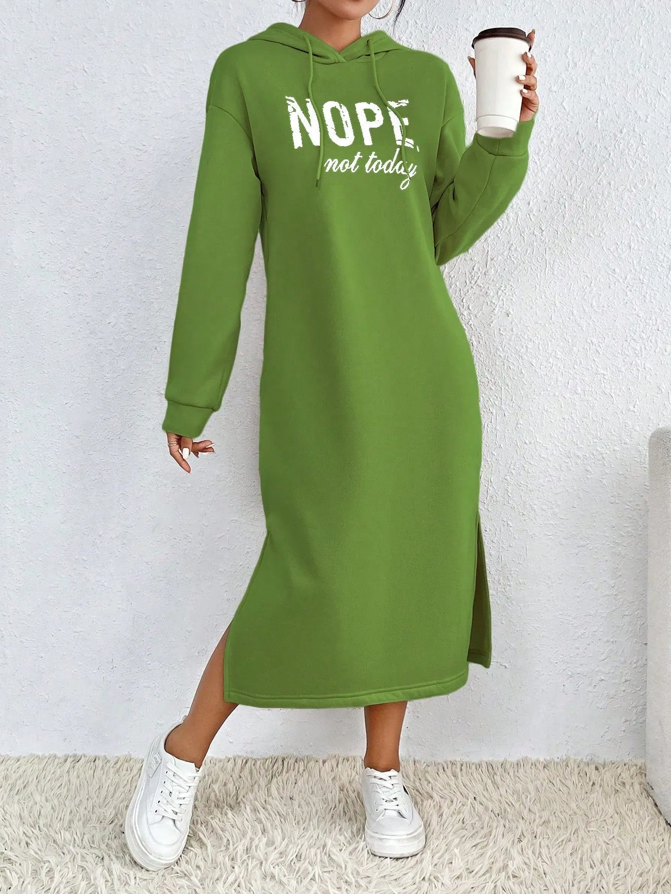 Relaxiva Casual Letter Print Side Slit Drawstring Hoodie Sweatshirt For Autumn/Winter
