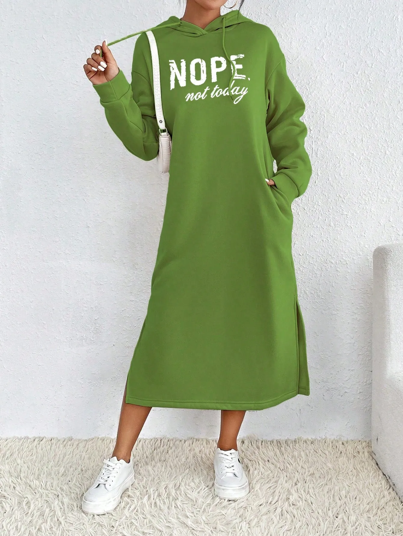 Relaxiva Casual Letter Print Side Slit Drawstring Hoodie Sweatshirt For Autumn/Winter