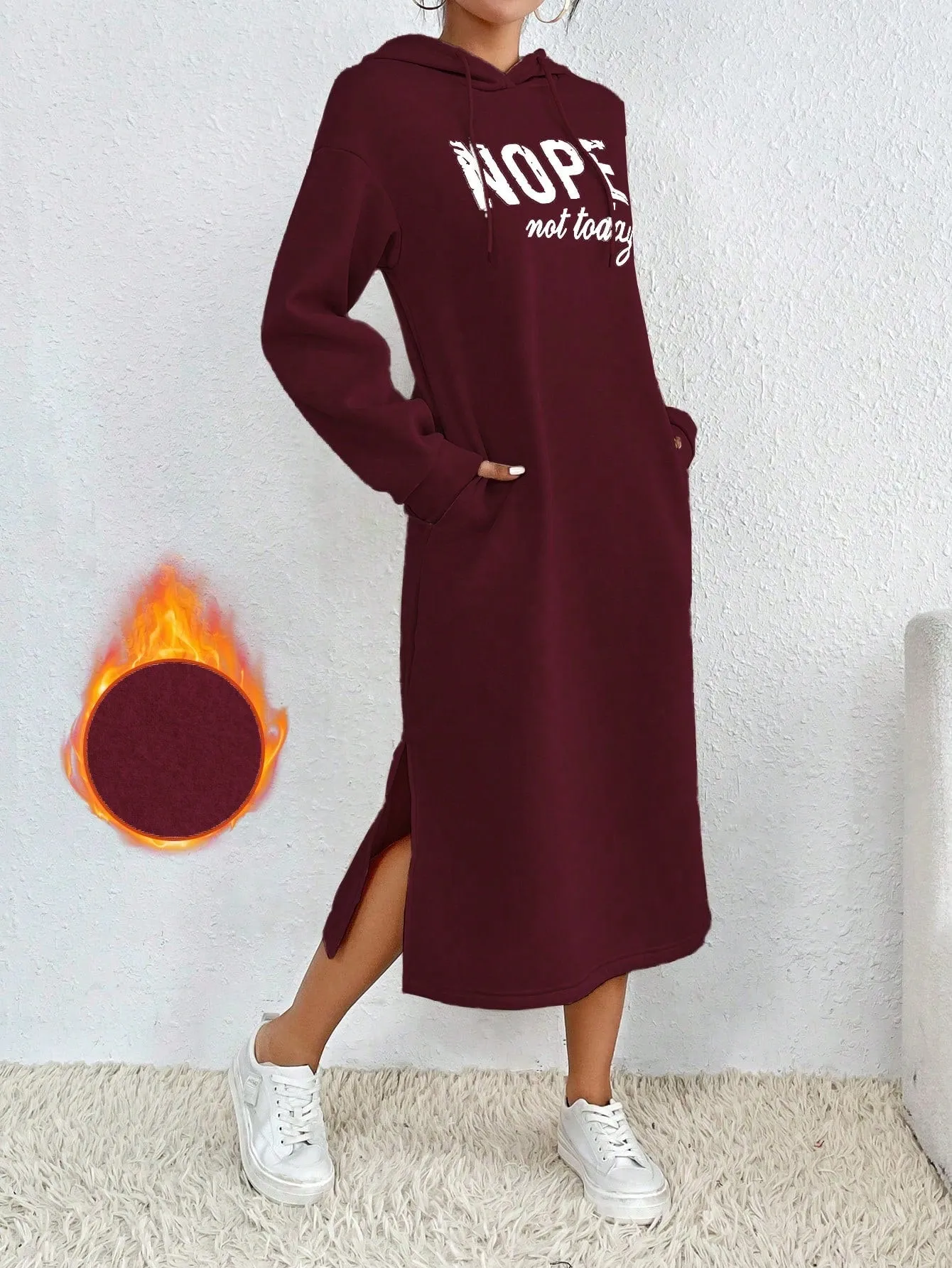 Relaxiva Casual Letter Print Side Slit Drawstring Hoodie Sweatshirt For Autumn/Winter