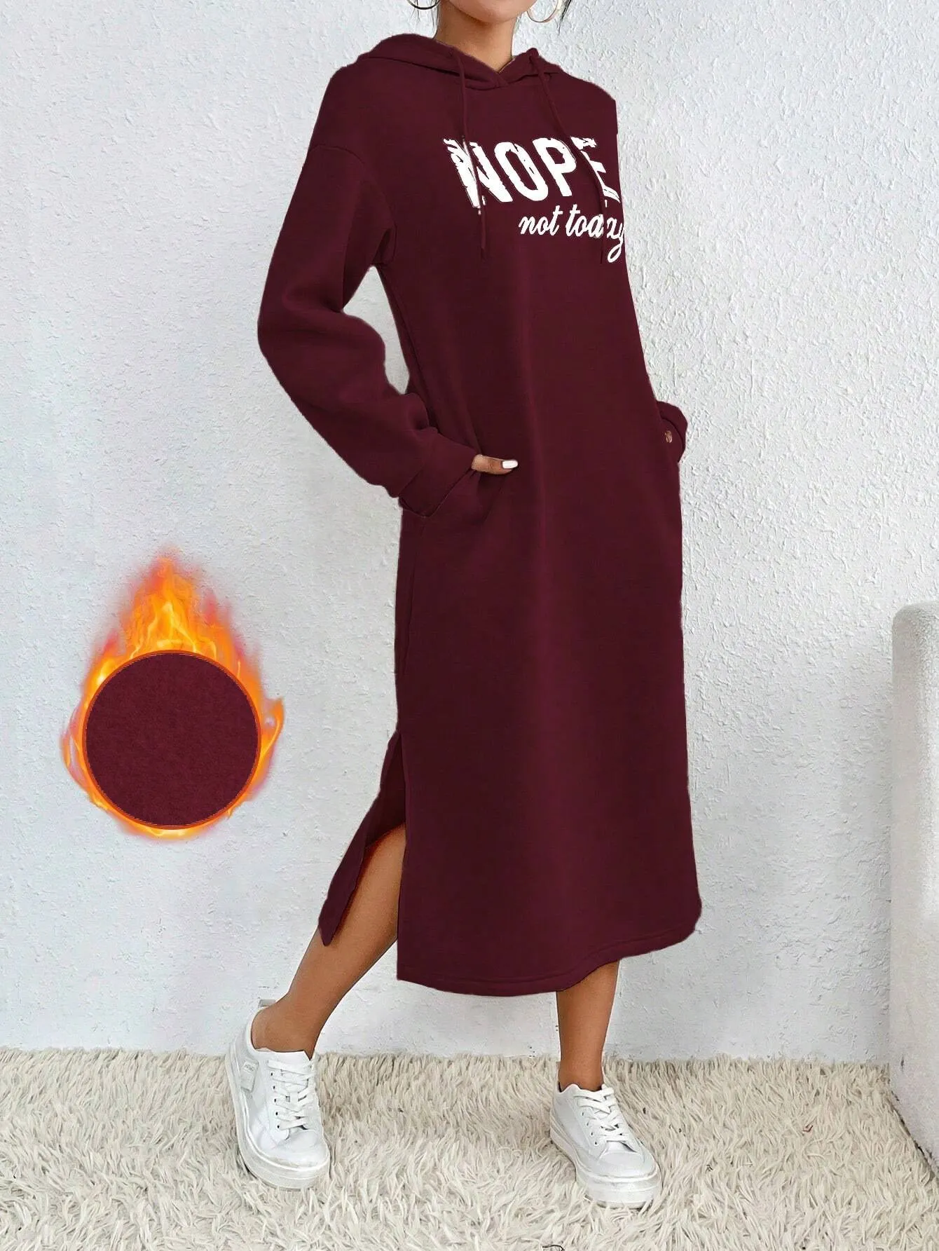 Relaxiva Casual Letter Print Side Slit Drawstring Hoodie Sweatshirt For Autumn/Winter