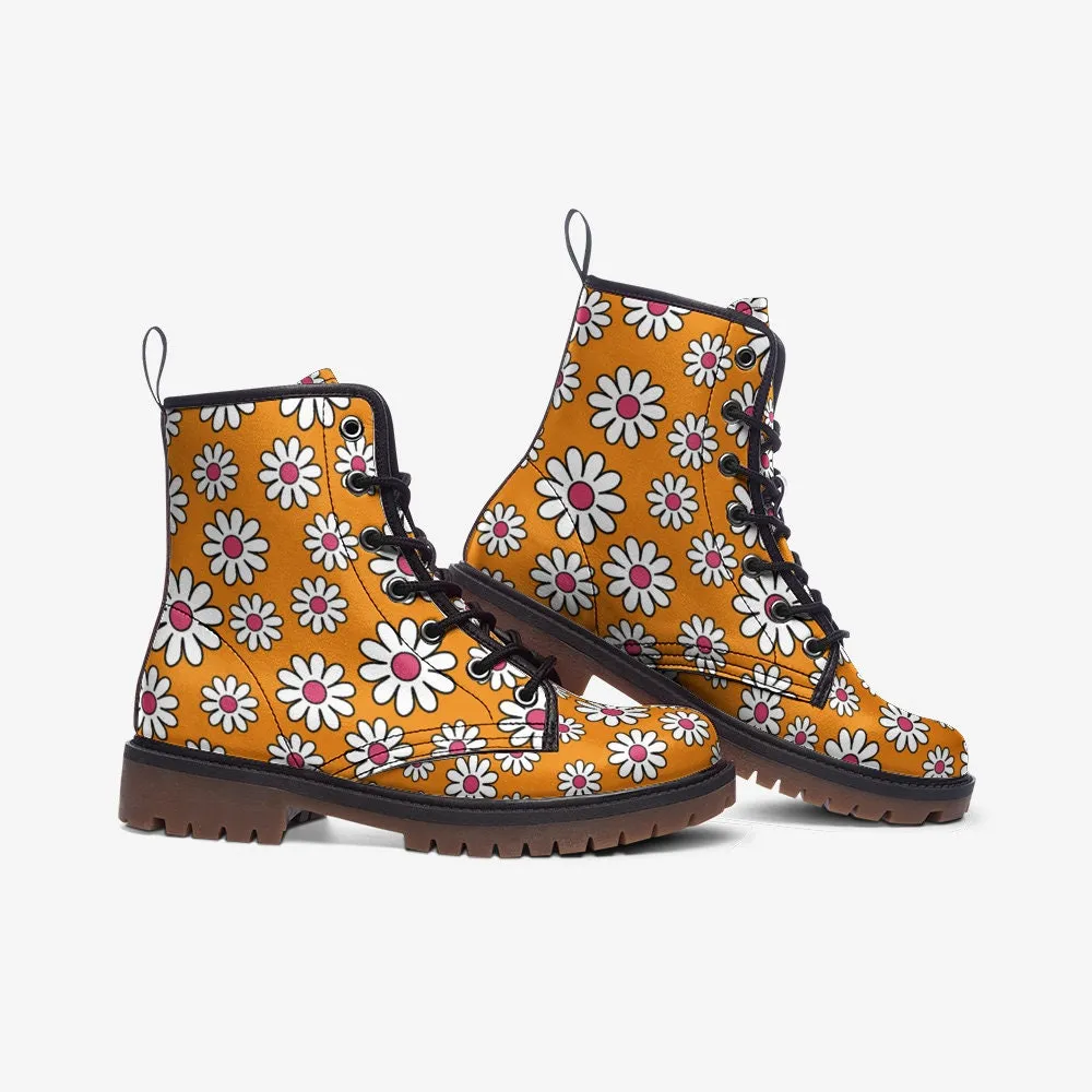 Retro Daisies Yellow Vegan Leather Unisex Boots