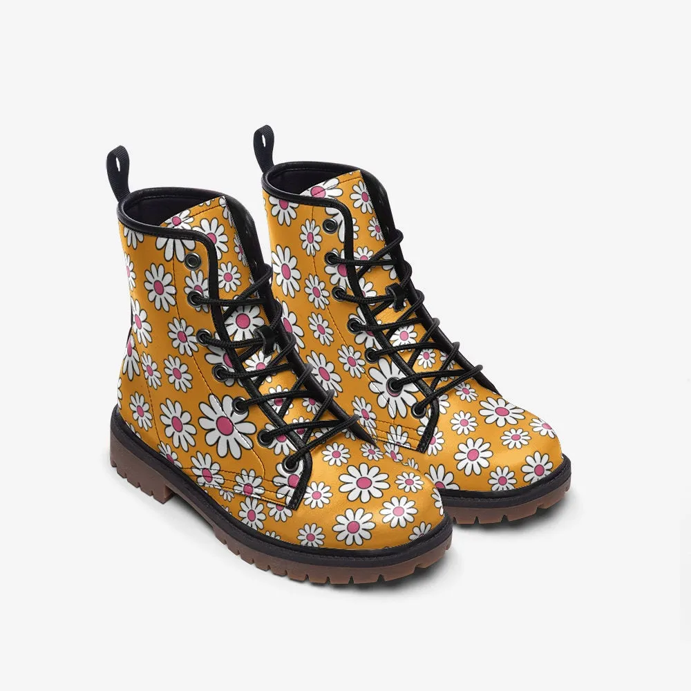 Retro Daisies Yellow Vegan Leather Unisex Boots