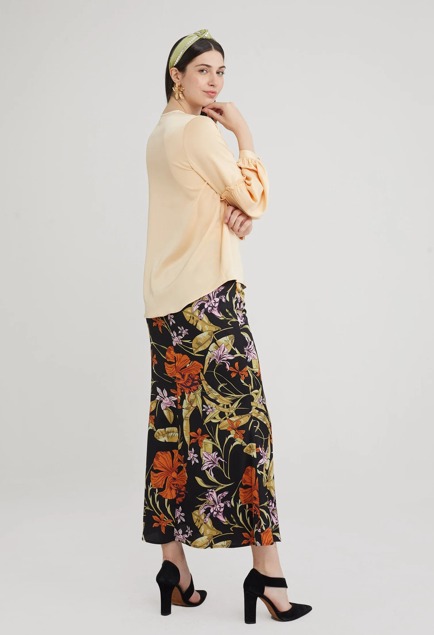 Round Neck Tiered Trumpet Sleeve Blouse