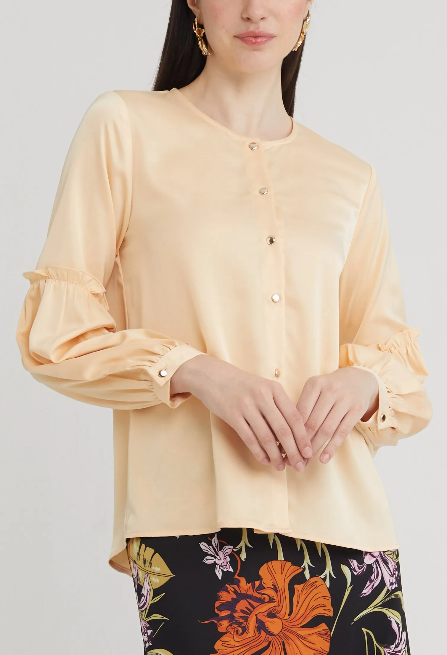 Round Neck Tiered Trumpet Sleeve Blouse