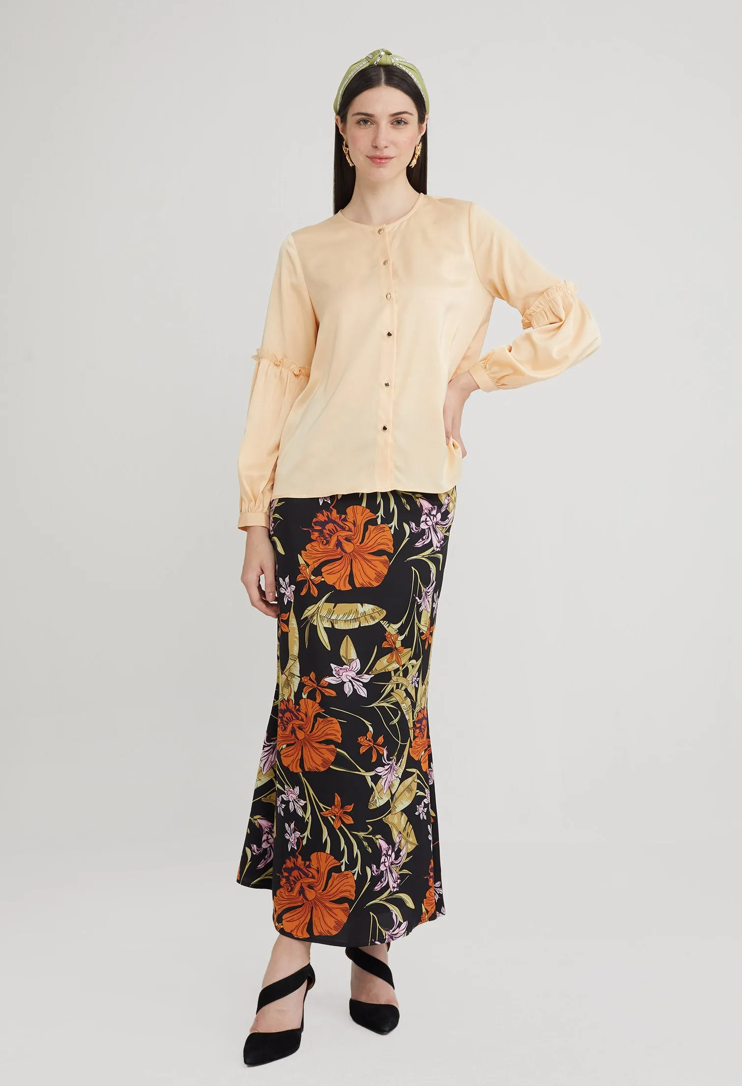 Round Neck Tiered Trumpet Sleeve Blouse